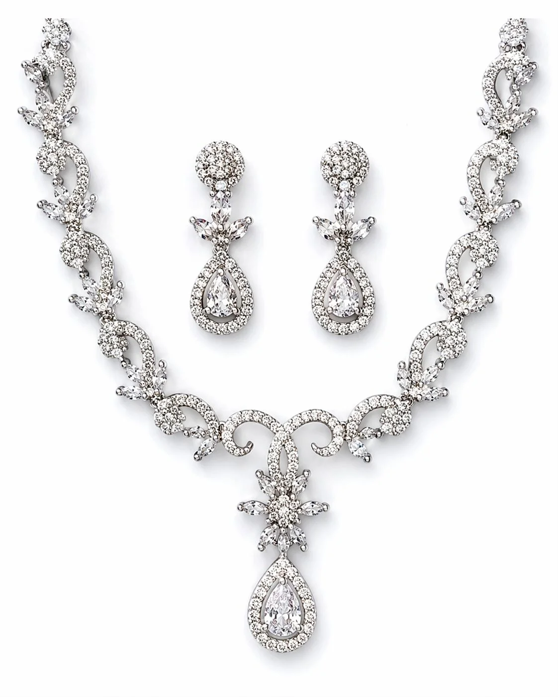 Women’s Silver-Plated Crystal Bridal Necklace Set with Teardrop Pendant & Matching Earrings – Wedding & Party Jewelry
