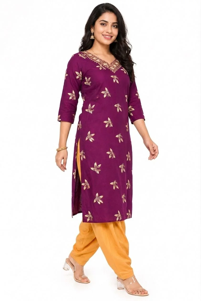 Women’s Wine Purple Floral Printed Straight Kurti with Embroidered Neck – Ethnic Casual Wear
