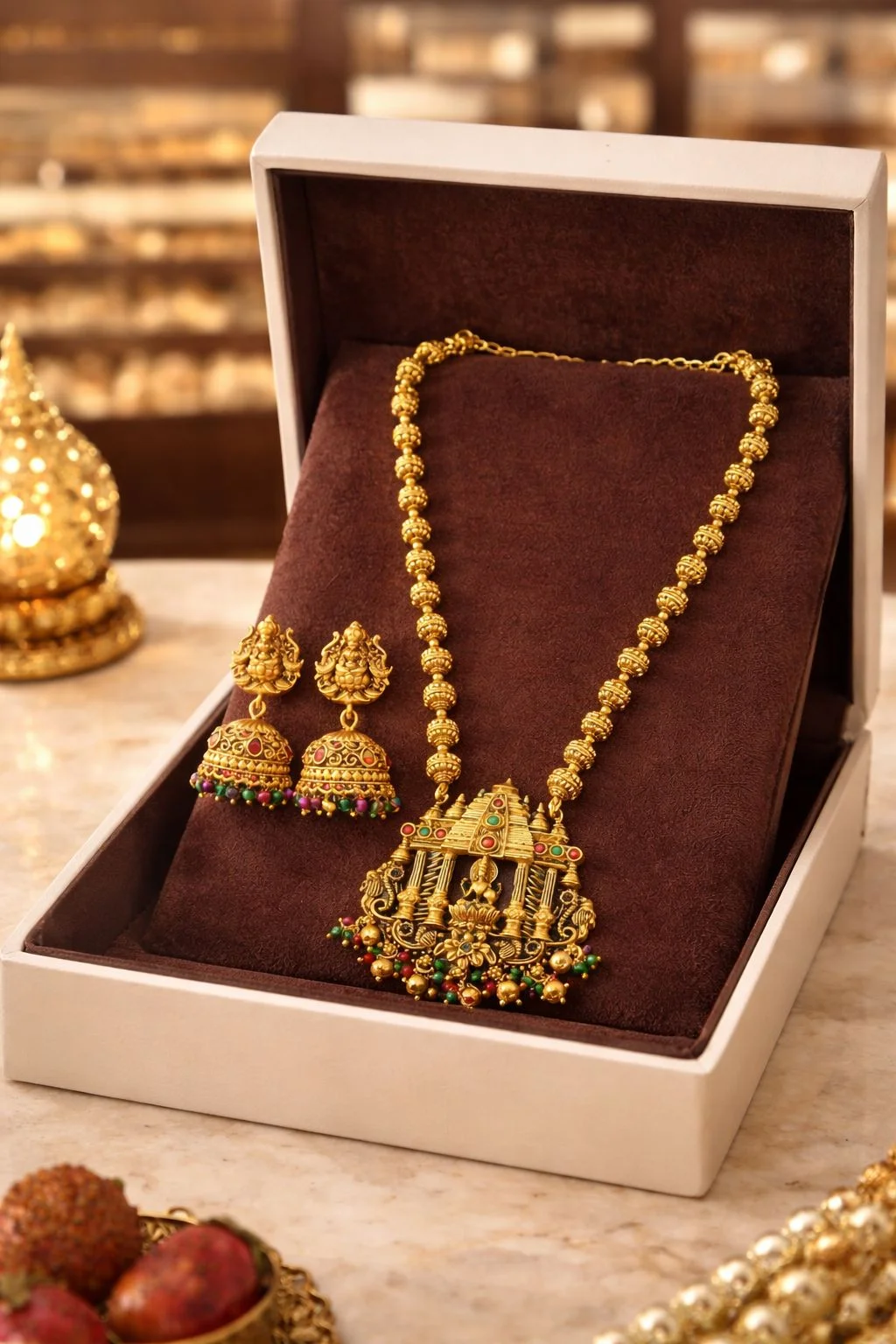 Temple Design Gold Plated Necklace Set with Jhumka Earrings for Women | Traditional Bridal Jewellery Set