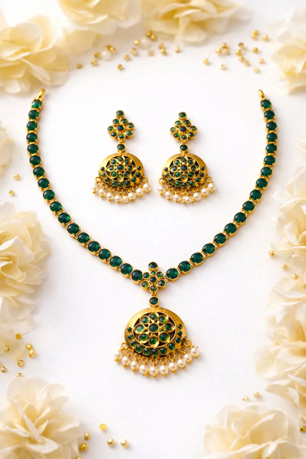 Green/Red Stone Gold Plated Necklace Set with Pearl Drop Jhumka Earrings for Women | Traditional & Party Wear Jewellery
