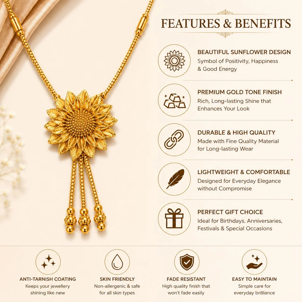 Elegant Sunflower Gold-Tone Pendant Necklace for Women