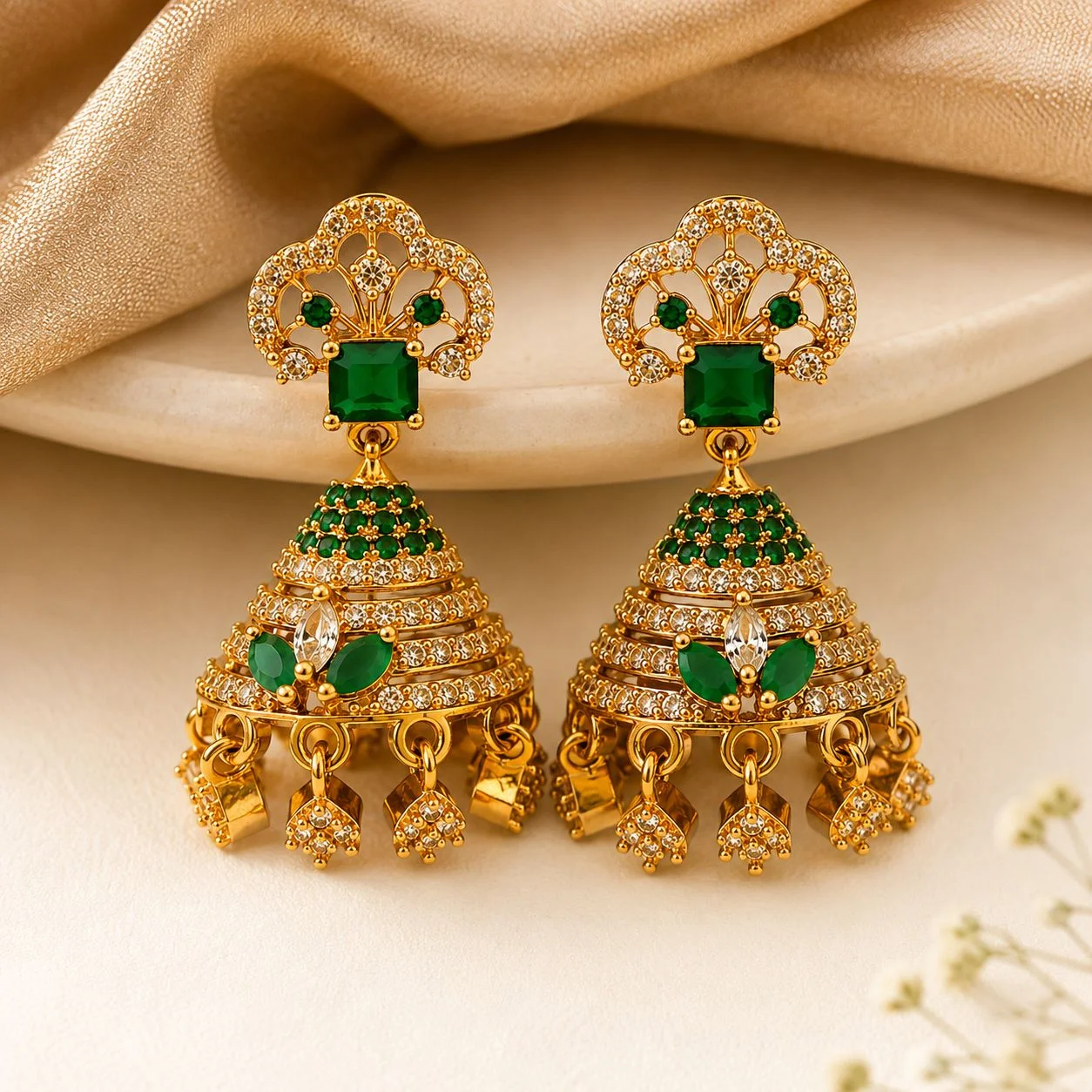 Vishmura Premium Green Stone Temple Jhumka Earrings for Women