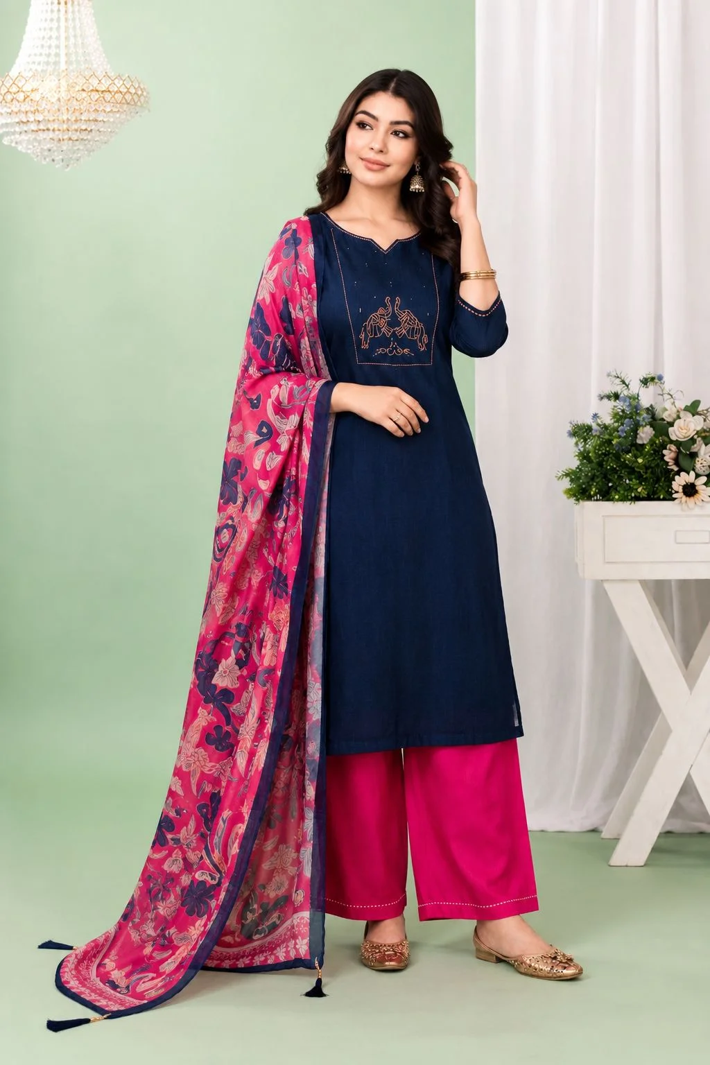 Vishmura Elegant Navy Blue Embroidered Kurti Set with Floral Dupatta