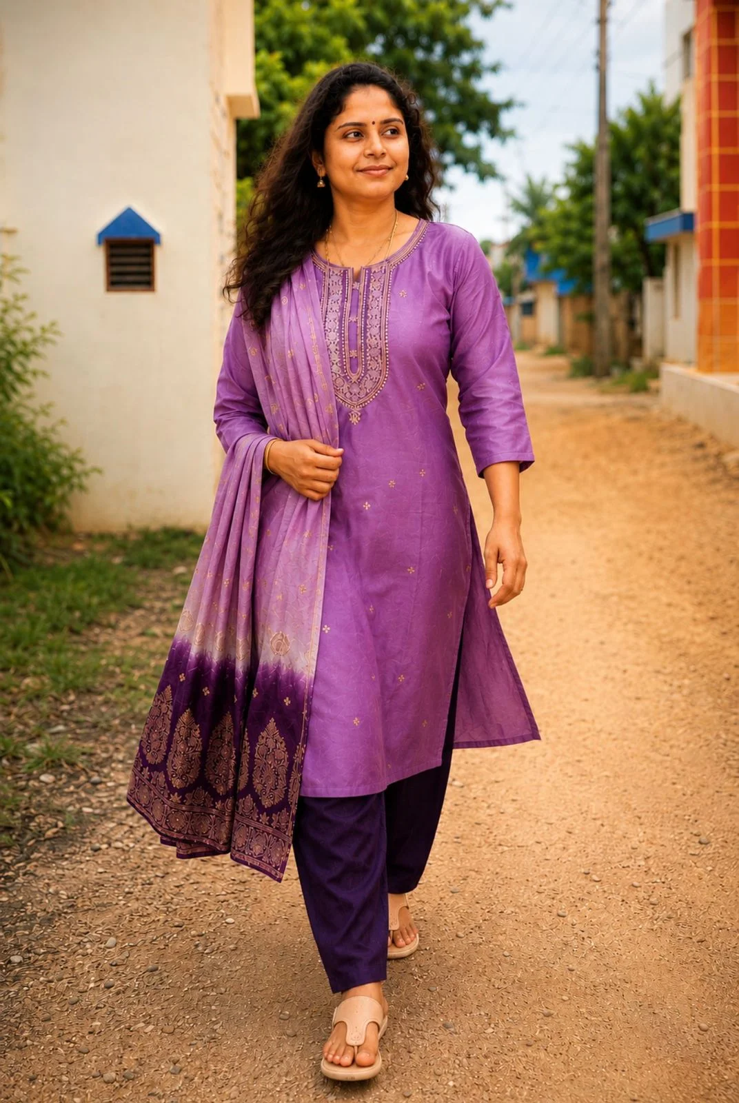 Premium Purple Embroidered Kurti Set with Ombre Dupatta