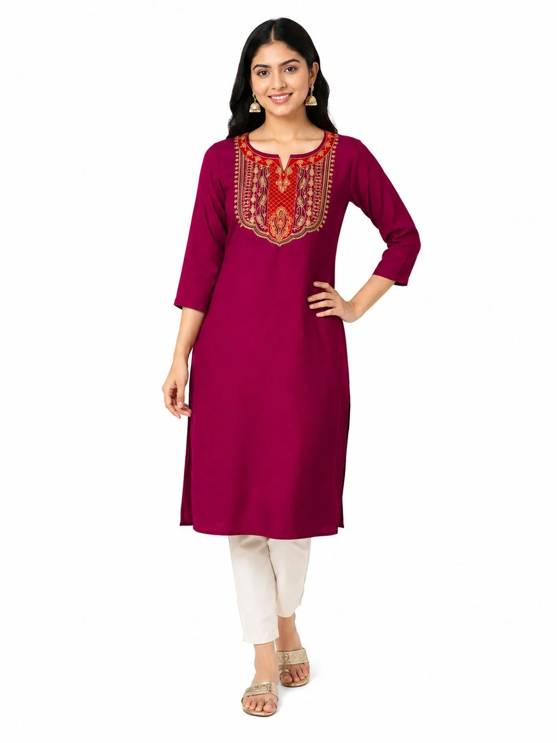 Elegant Maroon Embroidered Straight Kurti Set