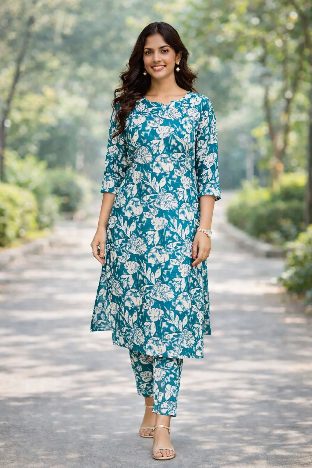 Elegant Teal Floral Kurti Set for Women