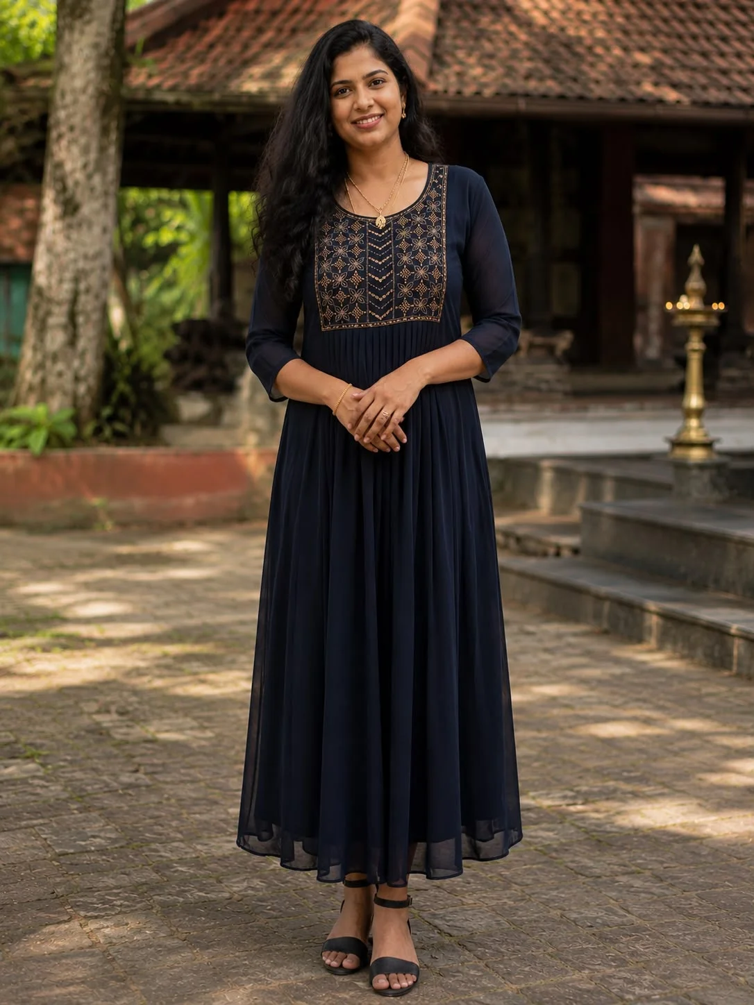 Women’s Premium Navy Blue Georgette Anarkali Kurti with Gold Embroidery | Elegant Ethnic Party Wear