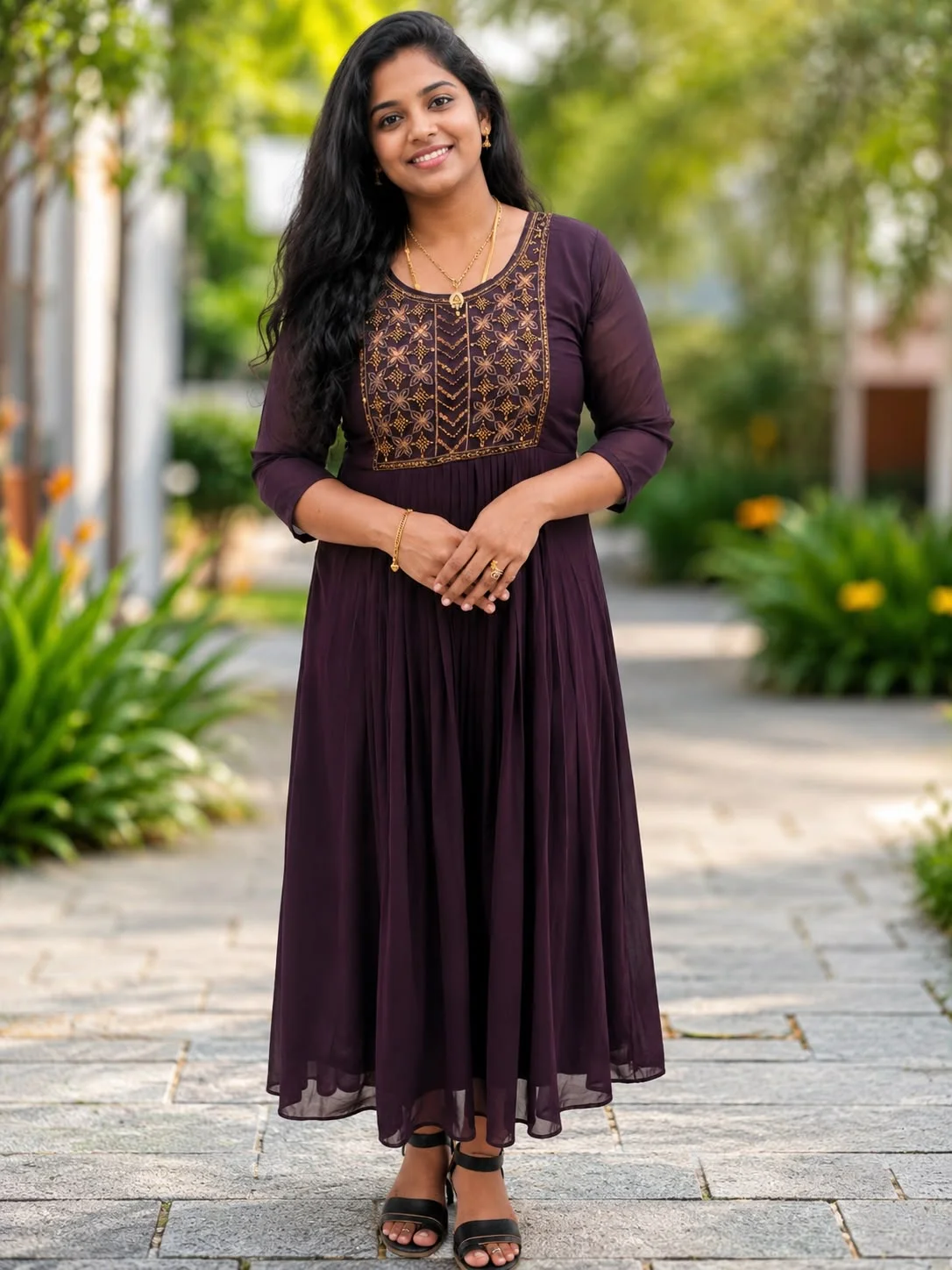 Women’s Premium Coffee Brown Georgette Anarkali Kurti with Gold Embroidery | Elegant Ethnic Wear