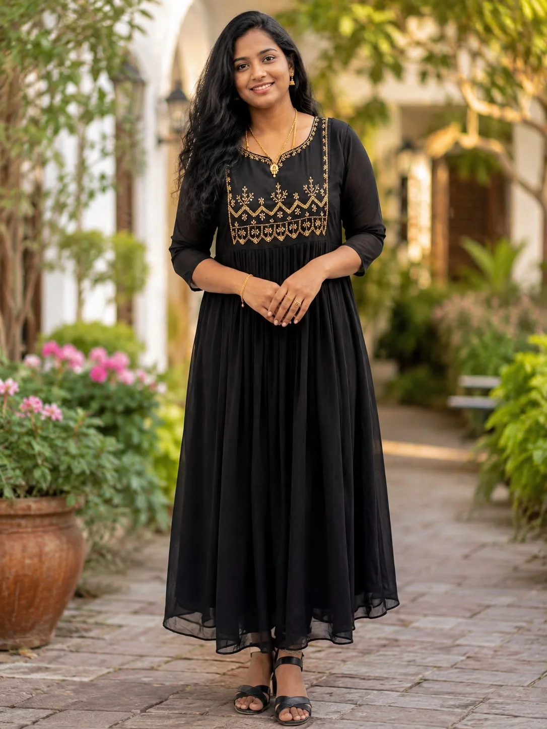 Women’s Premium Black Georgette Anarkali Kurti with Gold Embroidery | Elegant Party & Festive Wear