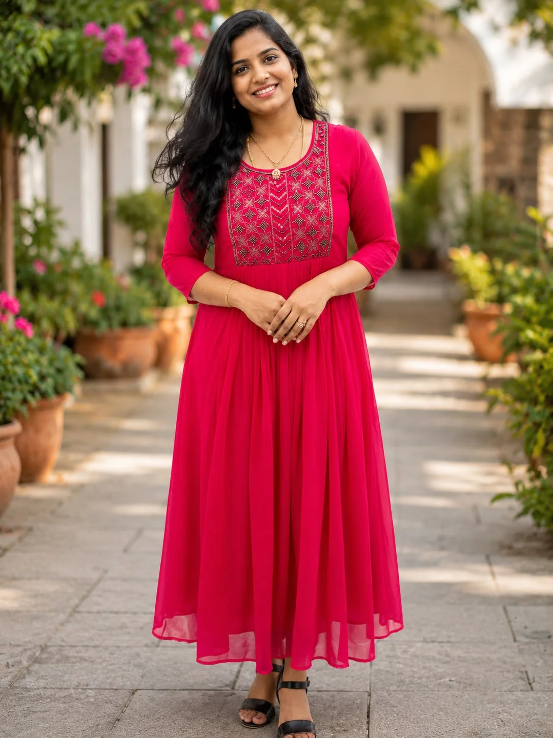 Women’s Premium Georgette Anarkali Kurti – Pink with Gold Embroidery | 3/4 Sleeve | Ethnic Wear